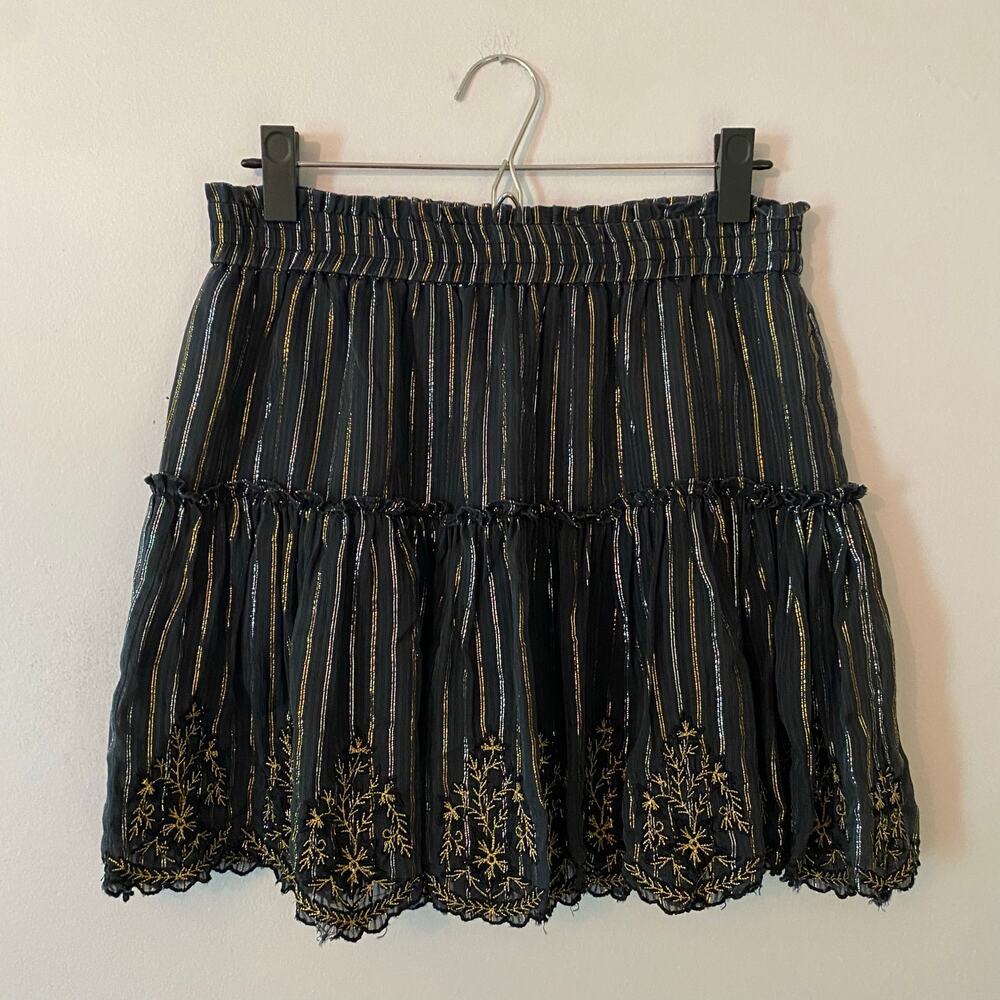 Misa Los Angeles Navy Blue Metallic Stripe Gold Silver Tiered Mini Skirt Small